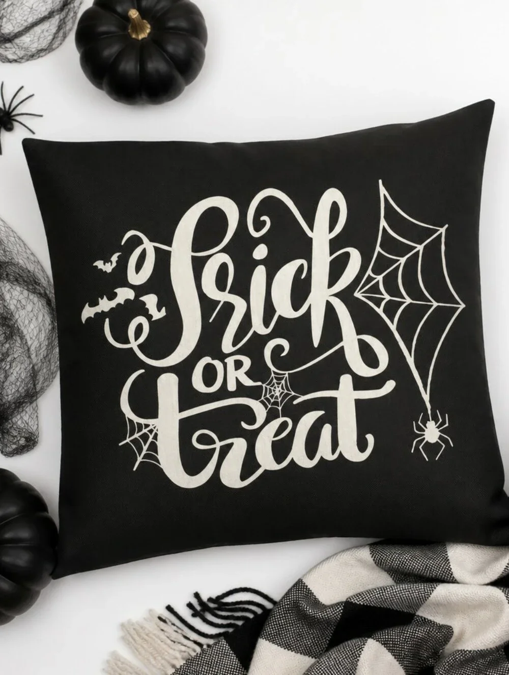 Halloween Pillow Cover • Black  & Ivory Spider Web Trick or Treat • 18 X 18
